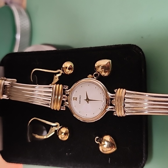 Jewelry - 18k Gold Puffed Heart and Balls Dangles and a Seiko Watch Serviced and New Batte